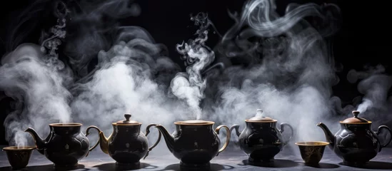 Sierkussen A row of teapots and cups steaming with hot water resembling cumulus clouds in the sky, creating a whimsical geological phenomenon in the landscape © AkuAku