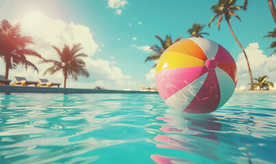 Fototapeta na wymiar Tropical Poolside Paradise: Vintage Vibes with Colorful Ball Next to Palm Trees and Aqua Waters.