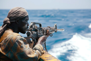 Young Somali pirate in boat with firearm in hands. African man eyes sharp and vigilant scanning...