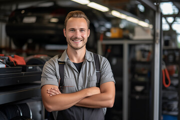 Smiling mechanic man. Automotive professions. Job offer. Job Search. Machine repair professions. AI. - obrazy, fototapety, plakaty