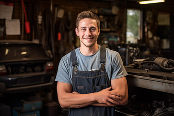 Smiling mechanic man. Automotive professions. Job offer. Job Search. Machine repair professions. AI.