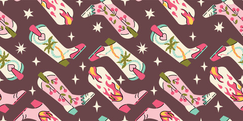 Fototapeta na wymiar Seamless pattern with various trendy cowboy boots in desert. Groovy American western footwear in flat graphic style. Vector funky hand drawn illustration.