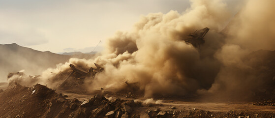 Debris and dust clouds caused by blasting on mining - obrazy, fototapety, plakaty