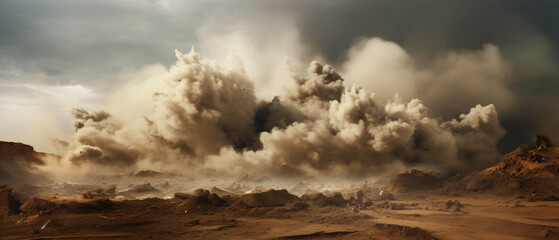 Debris and dust clouds caused by blasting on mining - obrazy, fototapety, plakaty
