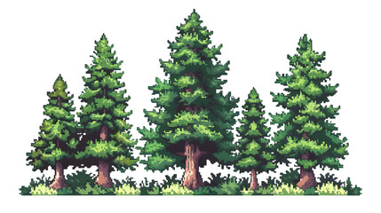 Pixel art Pine trees set, cartoon style Isolated on transparent background