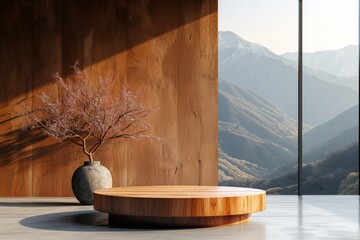 A minimalist podium with a wooden texture