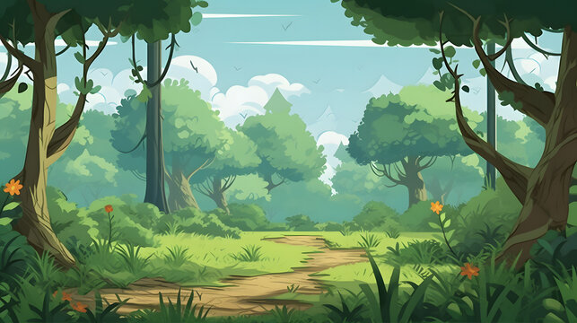 wild forest with trees and bushes illustration