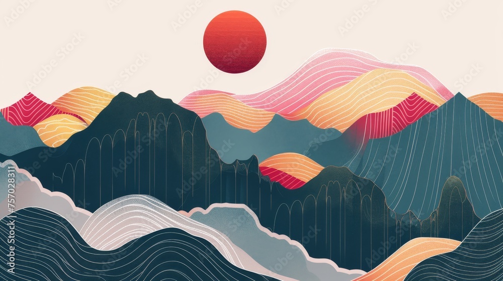Poster landscape background with japanese wave pattern. mountain template with line pattern elements.