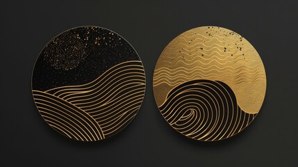 Design of abstract circle backgrounds in Japanese style modern. Curve element with gold and black textures in oriental style. Design of logos and icons.