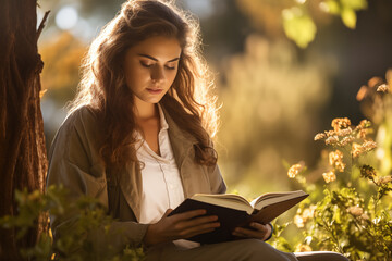 a young girl concentrated reading a romantic novel in a park with a nice garden at sunset.tif