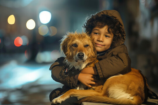 Homeless boy smiles embracing stray dog at bokeh streetlamp glow. Little child with pet friend sits on large city street in evening