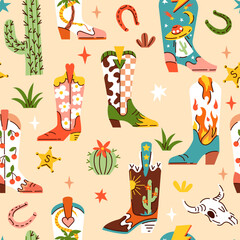 Seamless pattern with various trendy cowboy boots in desert.
Groovy American western footwear in flat graphic style. Vector funky hand drawn illustration. - 757028940