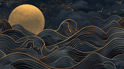 An abstract background modern with Japanese wave elements. The template has a gold line element design.