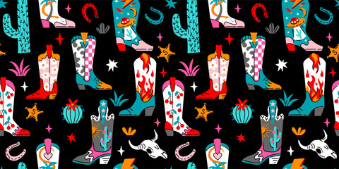 Seamless pattern with various trendy cowboy boots in desert.
Groovy American western footwear in flat graphic style. Vector funky hand drawn illustration. - 757028952