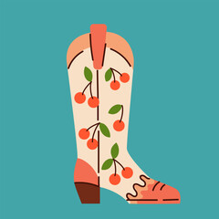 Flat graphic style trendy cowboy boot with cute cherries.
Groovy American western footwear. Vector funky illustration. - 757029184
