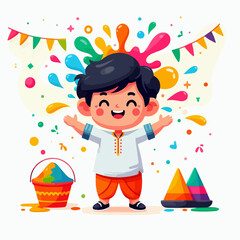 cartoon illustration of a cute Indian boy happily celebrating the colorful holi festival