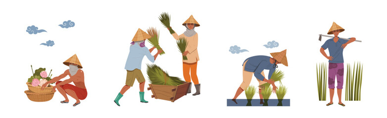 Asian Farmers in Straw Conical Hat Working on Field Vector Set