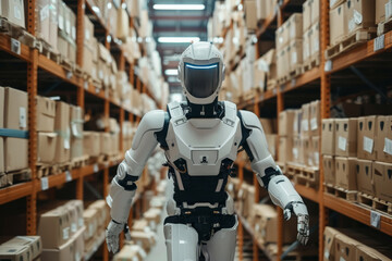 Fototapeta premium A robot is walking through a warehouse. Logistic concept