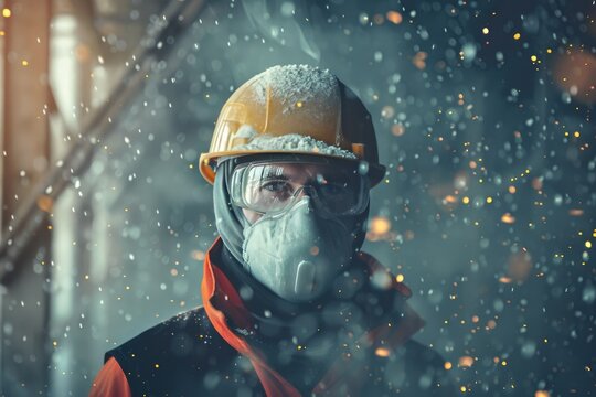 Professional construction worker wearing a high quality dust mask surrounded by many floating glass wool particles on a construction site, empty space at the side