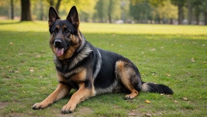 Naklejka na ściany i meble Black and tan german shepherd dog in the park