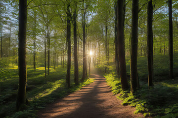 
forest path flooded with rays of light, bright sun, summer day, fresh greenery