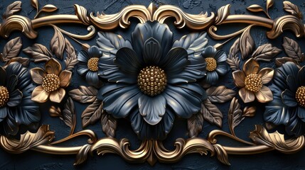 Golden Floral Baroque Frame on Dark Blue Textured Background