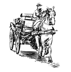 Original hand draw of a horse and carriage with a man in the back