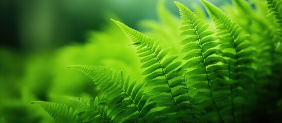 A closeup of a terrestrial plant, the green fern, with a blurry natural landscape background. The fern stands out as a beautiful groundcover in the forest