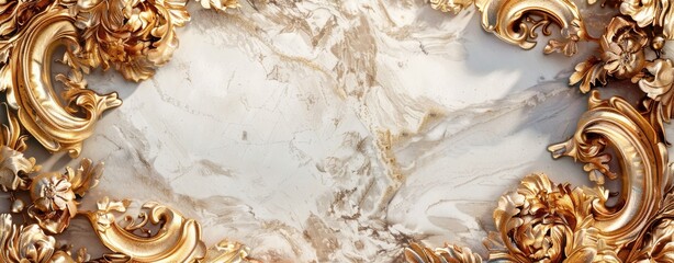 Golden Baroque Frame on Marble Background with Ornate Details.