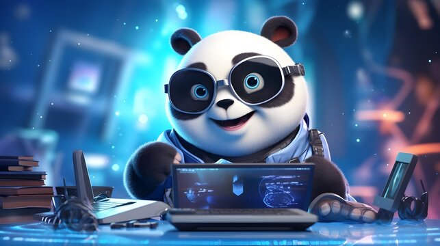 A cartoon panda is sitting at a desk with a laptop in front of him