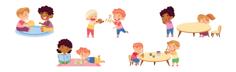 Happy Kids at Kindergarten Playing and Have Fun Vector Set