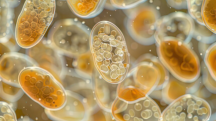 A microscopic vision of Saccharomyces cerevisiae during budding, revealing the beauty of yeast reproduction with precise cellular details.