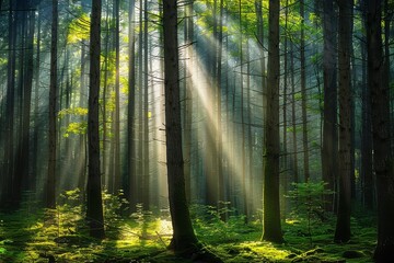 Mystical sunrays piercing through the verdant canopy of a dense forest.