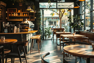 Cozy and stylish coffee shop interior with ambient lighting and comfortable seating. - obrazy, fototapety, plakaty