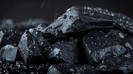 Pile of black rocks covered in water droplets. 