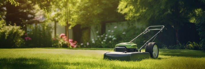 a lawn mower outside removing lawn grass  - obrazy, fototapety, plakaty