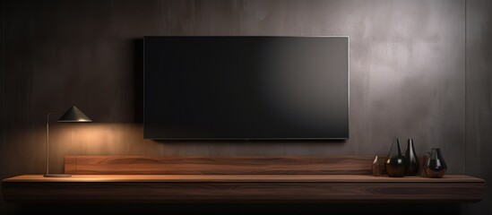 A flat panel display television set is mounted on a hardwood wall in a dimly lit room. The rectangle display device adds elegance to the entertainment area, contrasting with the dark flooring