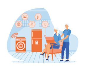 Obraz na płótnie Canvas Elderly couple holding remote home control system on a digital tablet. Grey-haired pensioner in eyeglasses helping his wife with new smartphone app. flat vector modern illustration
