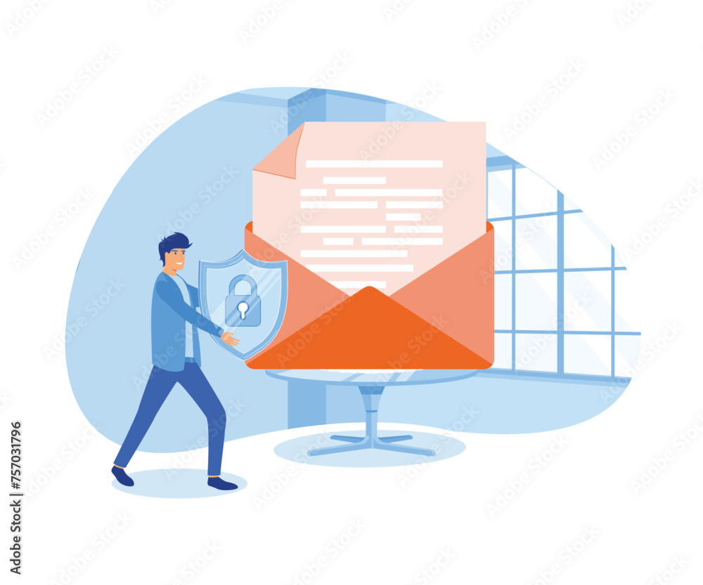 Poster concept of encryption of emails. internet data protection, business assets security system. flat vec