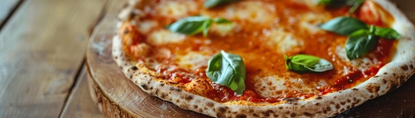 Authentic Italian pizza with tomato sauce and basil on a rustic wooden table.