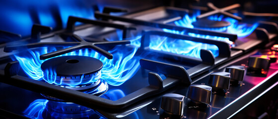 Detail view on kitchen gas cooker with blue flame 