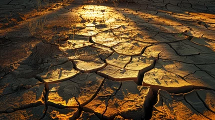 Poster Sun-kissed cracked land texture, a testament to the harshness of drought conditions. © GreenMOM