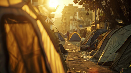 Homeless people tent camp lit by sunrise light in urban park. Temporary homes for vulnerable houseless people in city district. Poverty crisis, sunlight