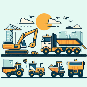 set of trucks. Collection of construction heavy machinery vehicles. flat design style