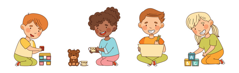 Happy Kids at Kindergarten Playing and Have Fun Vector Set