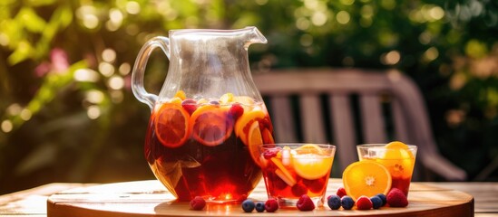 A table set with tableware displaying a pitcher of sangria, two glasses, and fresh orange slices. Sangria is a classic cocktail made with a blend of ingredients like fruit, wine, and other liquids - obrazy, fototapety, plakaty