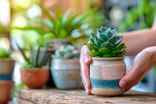 Female hands holding planted succulents in painted and decorated jars. Home gardening. Eco friendly concept.