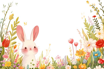 Easter Bunny in a joyful spring scene with flowers, grass on white background, creating a cute and festive holiday illustration, Watercolor Easter background with copy space.