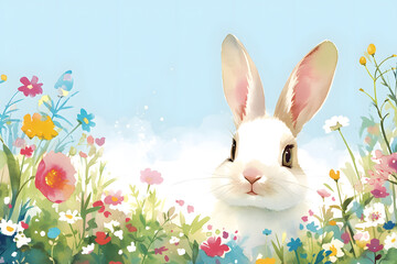 Easter Bunny in a joyful spring scene with flowers, grass, and a blue sky, creating a cute and festive holiday illustration, Easter Background with copy space.