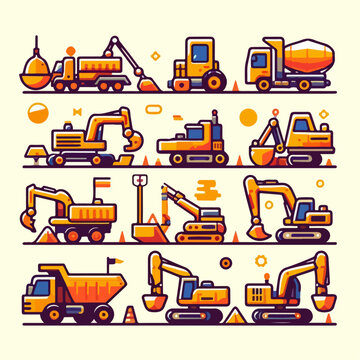 Illustration of construction heavy machinery vehicles. flat and minimalist design.